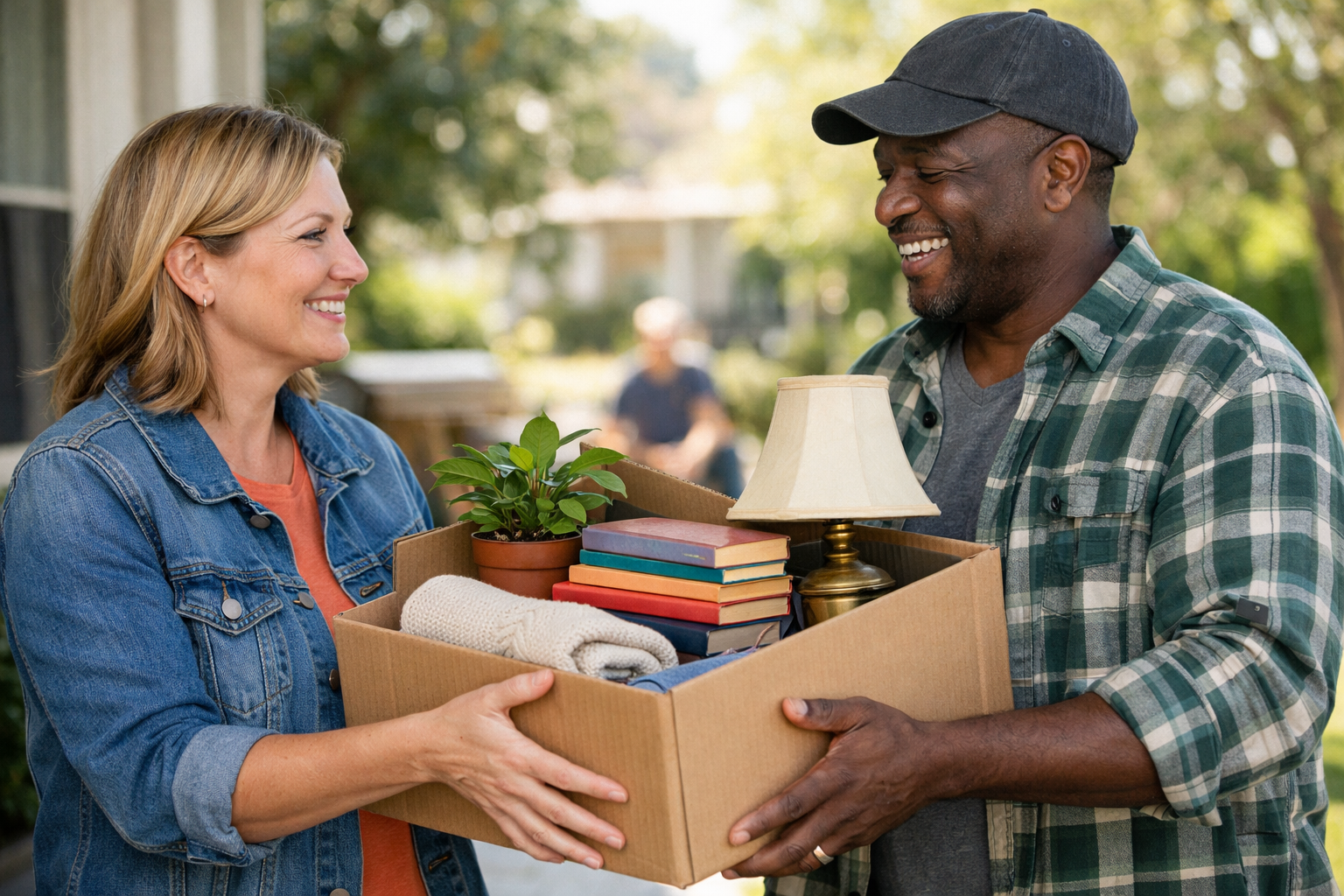 A person giving away a box of items.